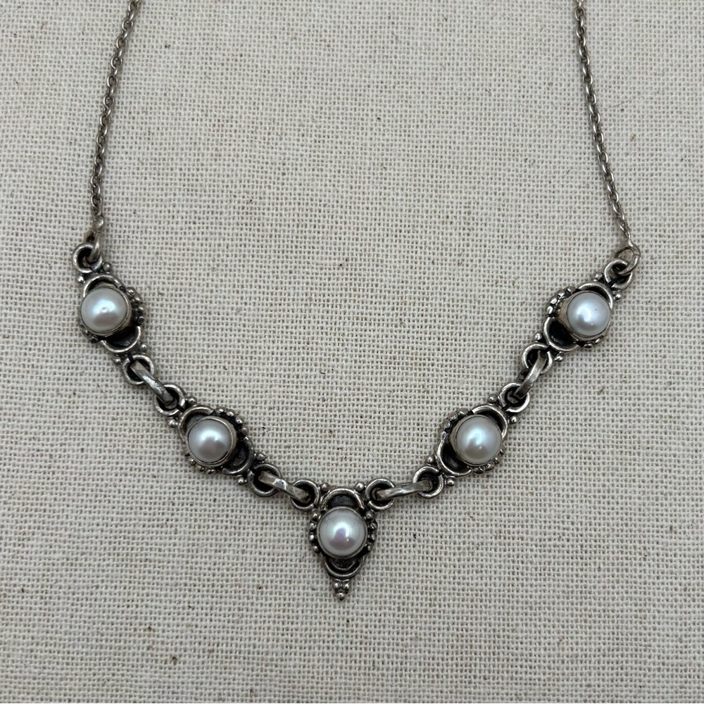 Vintage Sterling Silver And Pearl (?) Necklace Estate Jewelry